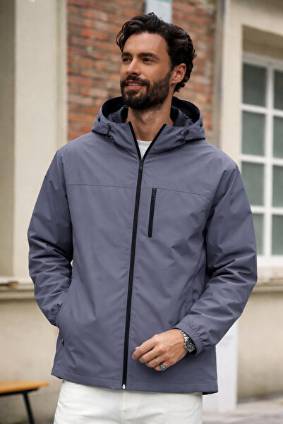 DAMGA JEANS Men's Striped Trendy Lined Smoked Raincoat