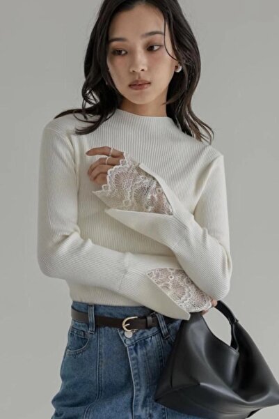 Lusin Women's White Half Turtleneck Lace Sleeve Detailed Ribbed Knitwear Blou...