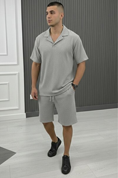 NO 601 Men's Gray Wrinkled Fabric Polo Collar Short Sleeve Short Tshirt Set