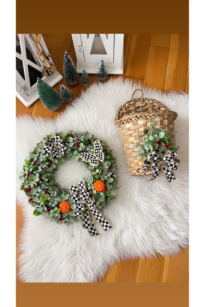 atolyedileks Ladies' Ribbon and Pumpkin Door Decoration and Basket Set, Door ...