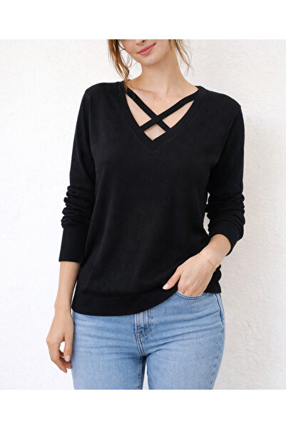 JM Women's Black Cross V-Neck Detailed Knitwear Blouse