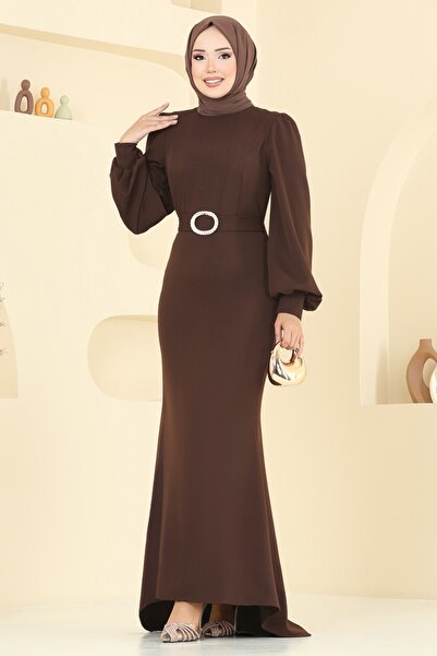 ModaMerve Balon Kollu Balık Abiye Elbise 0402ALG474-MS Kahve