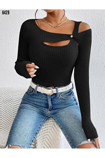 Sisa Butik Kadın Siyah Fitilli Triko Bluz – Omuz Dekolteli, Göğüs Detaylı, Uz...