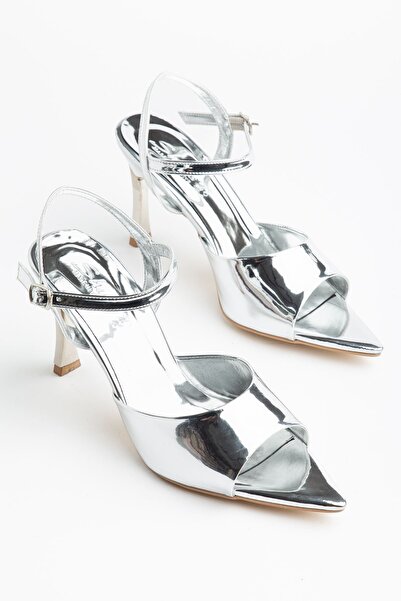 Hayalimdeki Ayakkabı Women's Silver Patent Leather Open Toe Gold Heeled Shoes