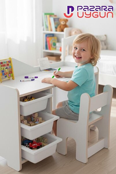 pazarauygun 90x44 Cm 3 Sepetli Çocuk Çalışma Masası Aktivite Masası ve 1 Adet...