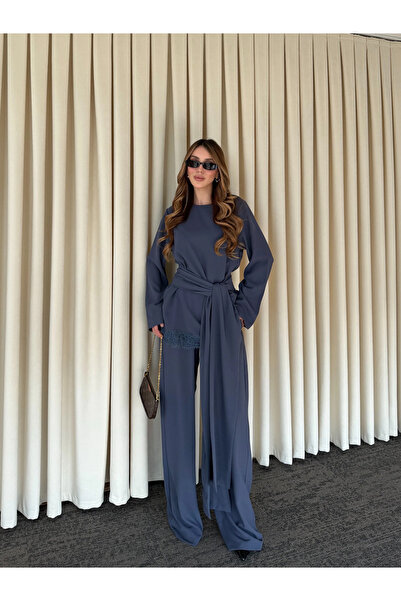 Laluvia Indigo Belted Lace Detailed Blouse and Pants Set - 8006