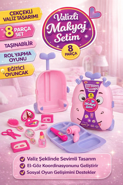 YILDIRIM OYUNCAK Taşınabilir Çekçekli Valizli Makyaj Seti 8 Parça | Taşınabil...