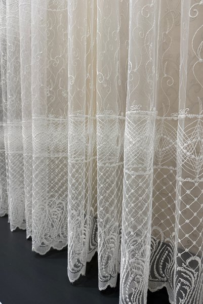 Ta-Ha Perde ve Halı 1-3 Sik Pi̇le Symphony Pattern Embroidered Tulle Curtain, Full White Iron-On Skirts Lead-Free Tulle Curtain