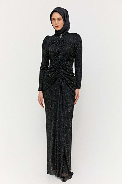Setrms Yüksek Yakalı Taşlı Abiye Elbise