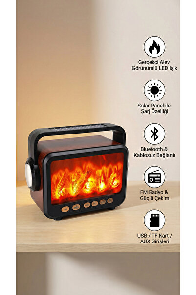 FaroxTech Solar Güneş Enerjili Alev Görünümlü Bluetooth Hoparlör FM Radyolu N...