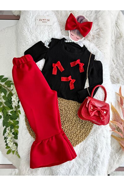ÖZSEMODA Black Ribbon Body with Bag Red Spanish Pants Set