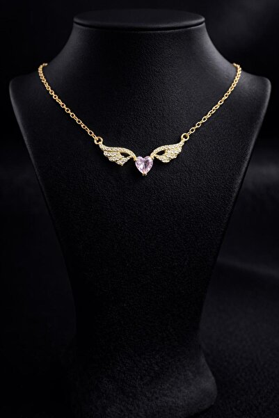 LuneraDesign Çelik Zirkon Taşlı Melek Kanadı Kalp Kolye – Altın Renk Zincirli...