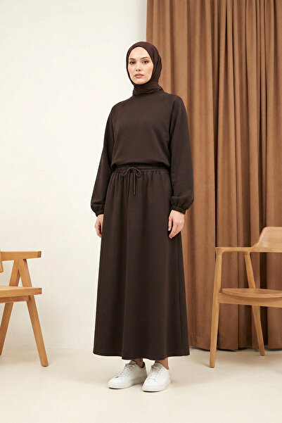 MODAQU Elastic Waist Bat Sleeve Blouse Skirt Set Brown