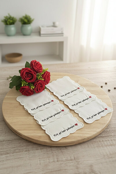 cix short tagline 40 Yıl Hatır 6 Adet Keten Kumaş Üzeri Nakışlı Kahve Yanı Su...