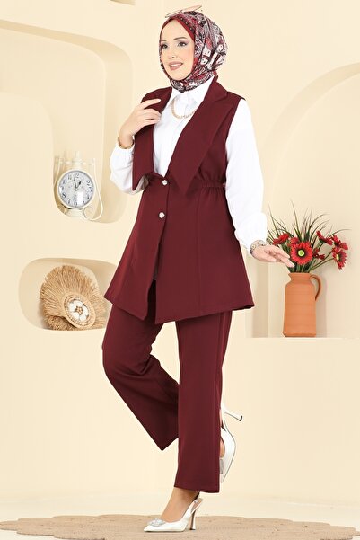 ModaMerve Yelekli Dabıl Üçlü Takım 2817SL432-MS Bordo