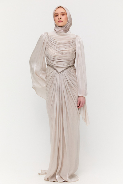 Setrms Büzgülü Jakarlı Abiye Elbise