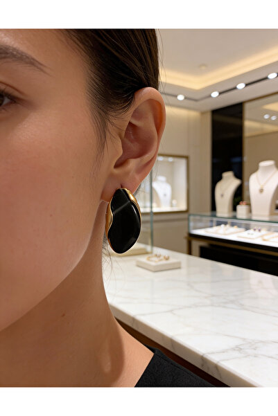 Noi jewelry Siyah Mineli Geometrik Küpe