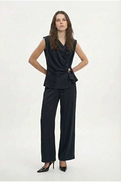 TLG GİYİM Women's Asymmetrical Draped Satin Blouse with Accessories and Trous...