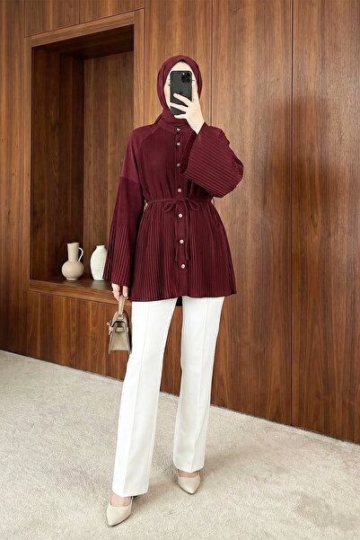 MODAQU Lace-Up Tunic Shirt with Pleated Front and Sleeves - Burgundy