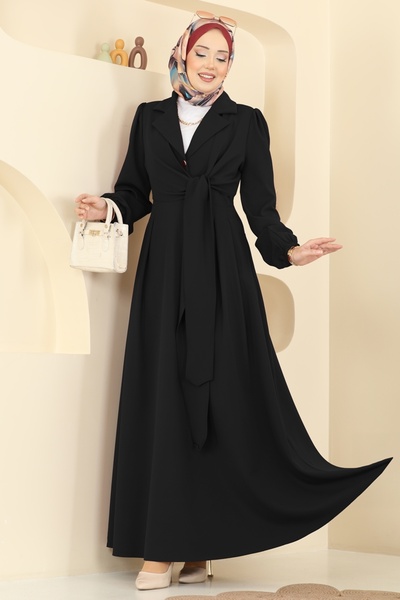 ModaMerve Kruvaze Yaka Bağcıklı Elbise 2812SL432-MS Siyah