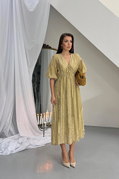 Lusin Women's Oil Green V-Neck Gathered Waist Soft Textured Lined Midi Dress