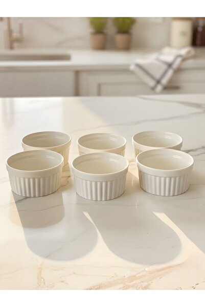 AiroBazar Set of 6 White Ceramic Soufflé Bowls, Heat-Resistant Embossed Oven ...