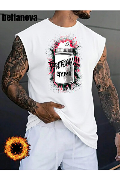 bellanova Men's White Printed Oversized Cut Cotton Crew Neck Undershirt