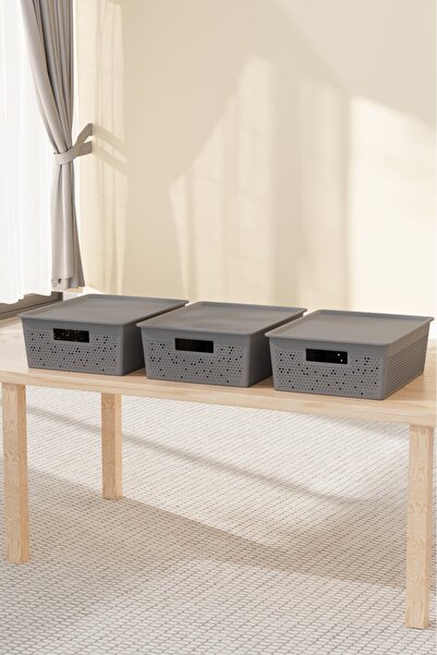 Bayev Grid Gray 3 Pieces 12 Liter Organizer Box with Lid - In-Cabinet Organiz...