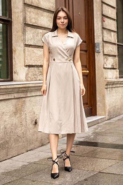 Jument Women's Modal Diagonal Double-Breasted Wrap Collar Skirt with Pleated ...