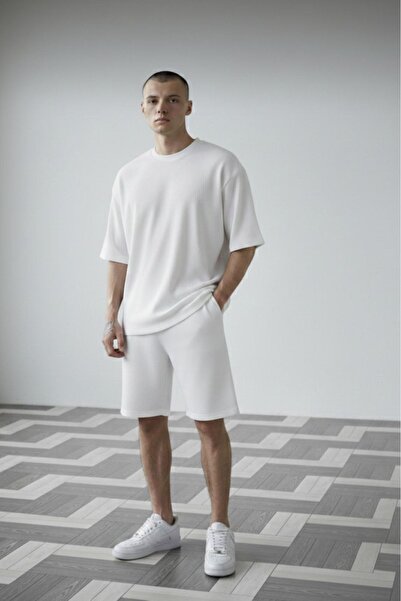 NO 601 Men's White Ottoman Ribbed Oversize T-Shirt Shorts Set