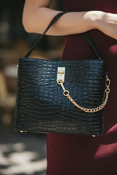 GIG حقيبة يد وكتف بنمط جلد التمساح متعددة الأقسام مع سلسلة أمامية