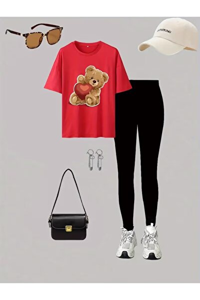 WOODROFFE Women's Cute Heart Bear Printed Red Oversize T-Shirt Leggings Set L...