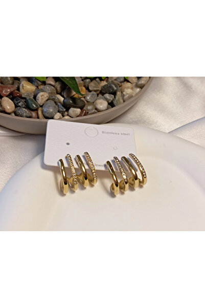 stainless steell أقراط من الفولاذ الذهبي بـ 4 صفوف - موديل مزخرف بحجر الزركون