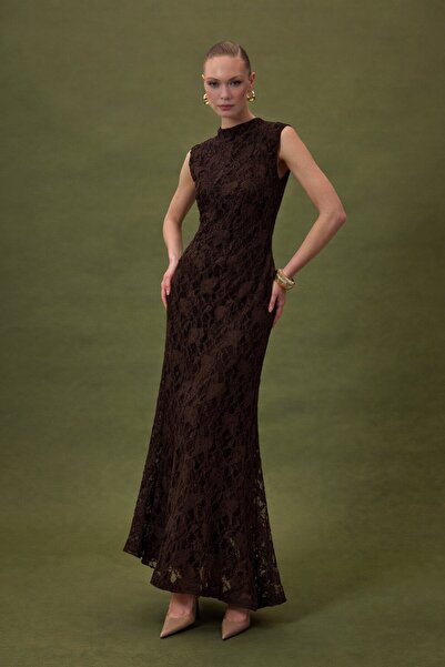 Sateen Lace Sleeveless Dress - Brown