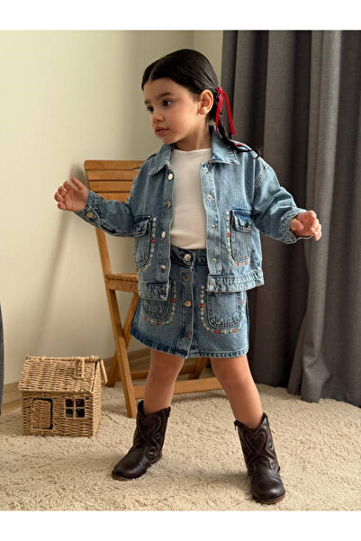 2kids2mom 3-Piece Girls' Holiday Set with Floral Embroidered Denim Jacket