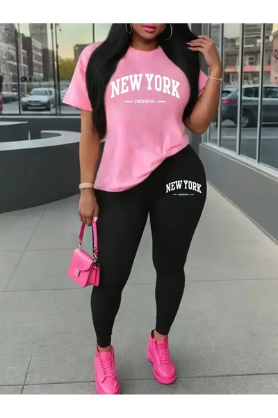 WOODROFFE Women's Newyork Printed Oversize T-Shirt Leggings Set Loose Combina...