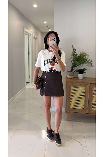 BİRCANÇİL Nerwa Brown Gold Buckle Detailed Short Skirt