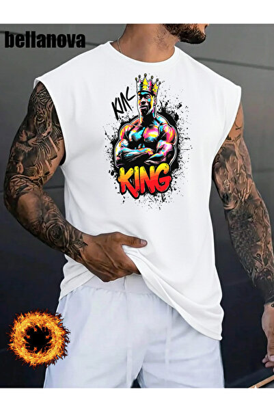 bellanova Men's White Printed Oversized Cut Cotton Crew Neck Undershirt