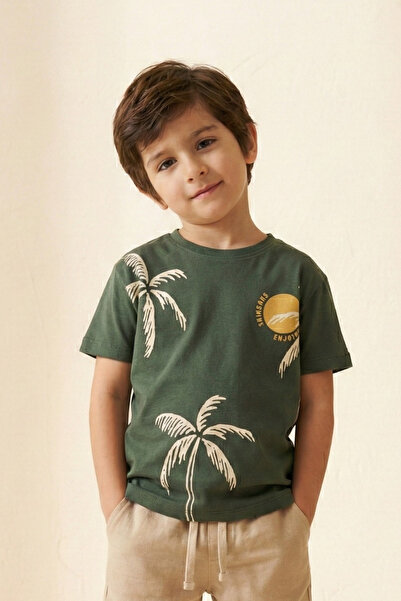 Zekalya Tricou pentru băieți, verde, cu imprimeu palmier, 100% bumbac