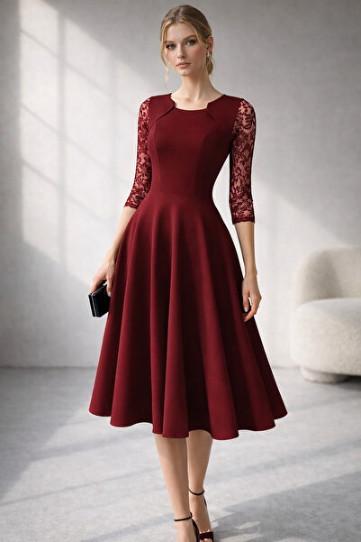 Deafox Burgundy Sleeves Lace Detail Pleated Midi Length Crepe Fabric Dress
