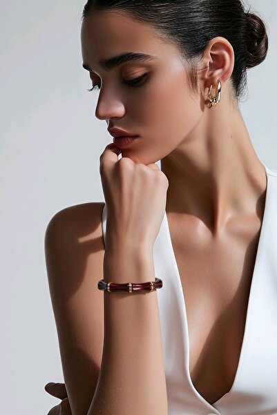 JUPİNG Bordo Doğal Taş Görünümlü Bileklik – Altın Detaylı Şık Tasarım