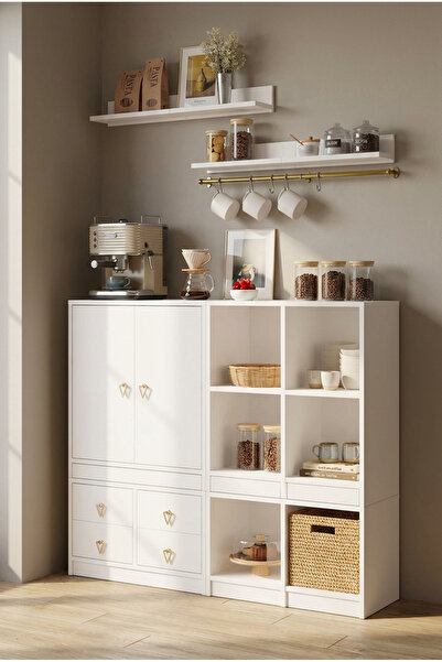 FOR WOMAN DESİGN Ahşap Mutfak Konsol Dolabı 2 Kapak 4 Çekmeceli Modern Depola...