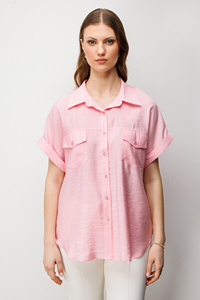 Ekol Women's Plus Size Short Sleeve Shirt with Cover Pockets 2588 Pink