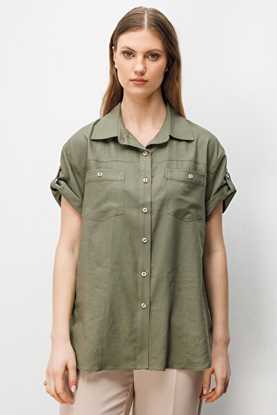 Ekol Жіноча сорочка з коротким рукавом з льону, великий розмір 2524, хакі