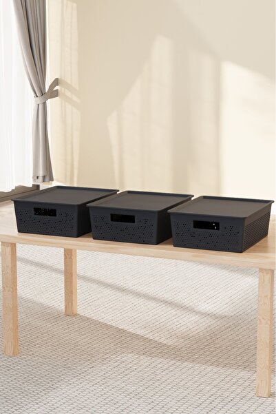 Bayev Grid Black 3 Pieces 12 Liter Organizer Box with Lid - In-Cabinet Organi...