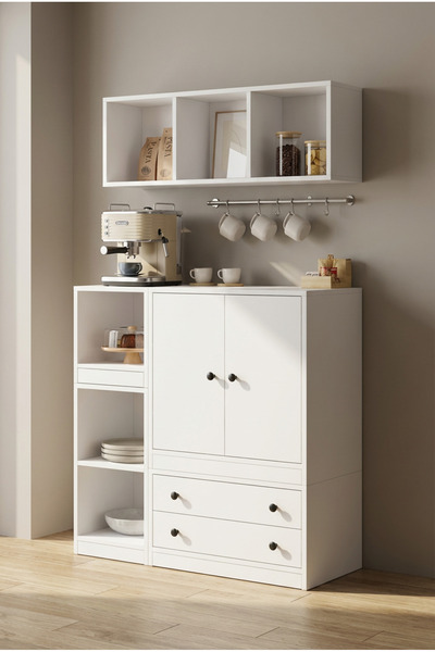 FOR WOMAN DESİGN Ahşap Çok Amaçlı Dolap 2 Kapak 2 Çekmece Açık Raflı Modern T...