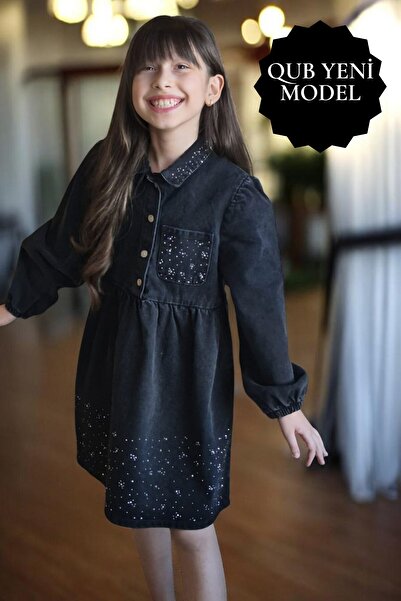 QUB CLUB Kız Çocuk Cebi Taşlı Bayramlık Kot Elbise