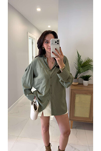 BİRCANÇİL Veros Khaki Striped Asymmetrical Cut Shirt