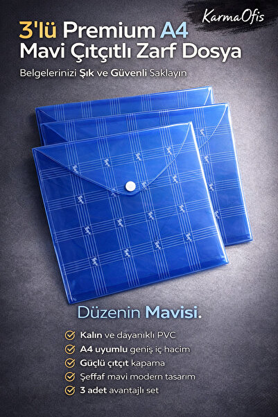 KarmaOfis 3-комплектний преміум-папка з синіми застібками формату А4 – прозор...