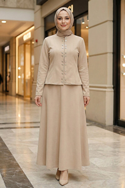 FERHEL Women's Double Snap Front Flounce Skirt Blouse Scuba Set - Mink